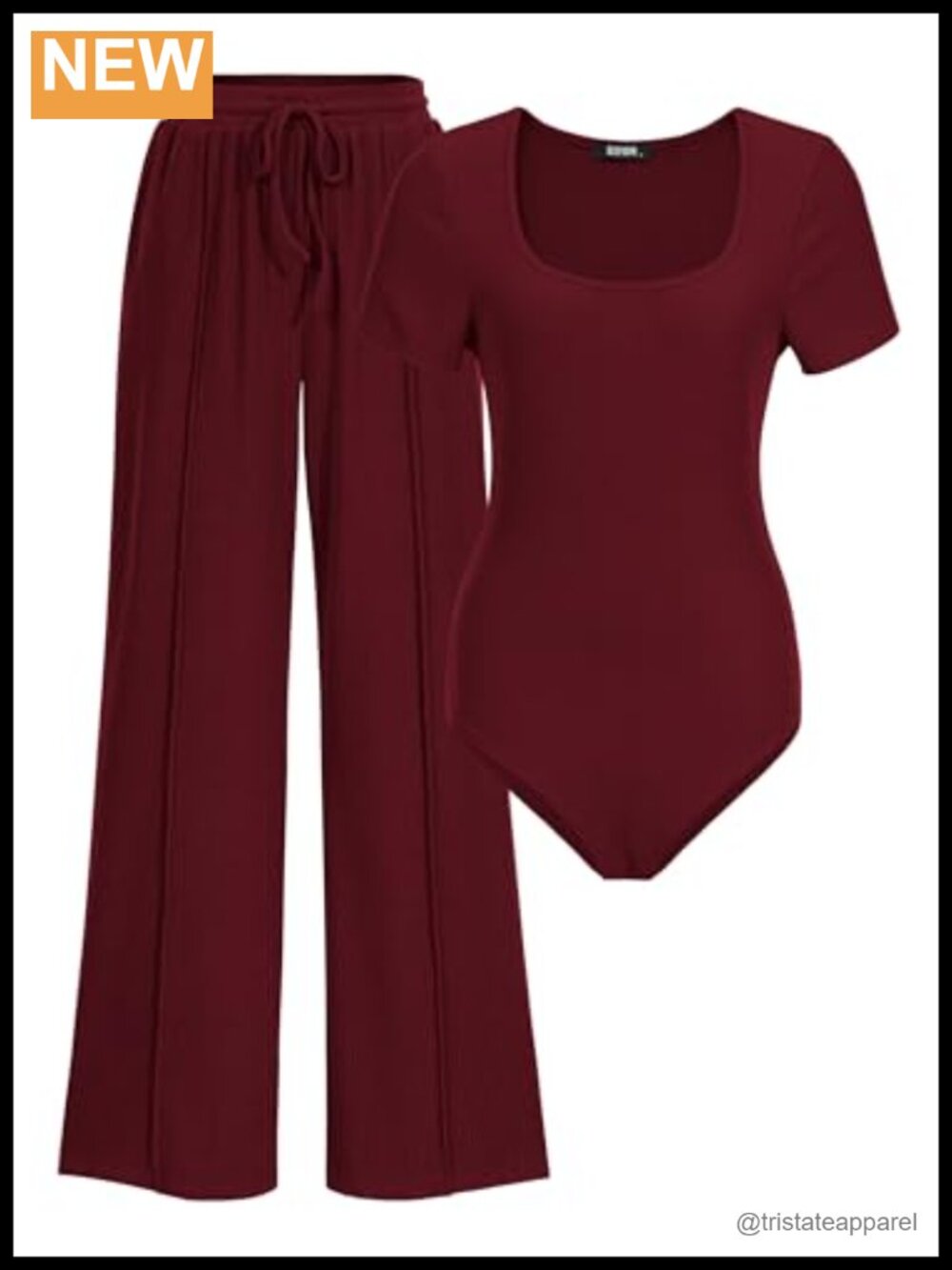 Ribbed Knit 2 Piece Bodysuit and Pants Set Short Sleeve Wide Leg